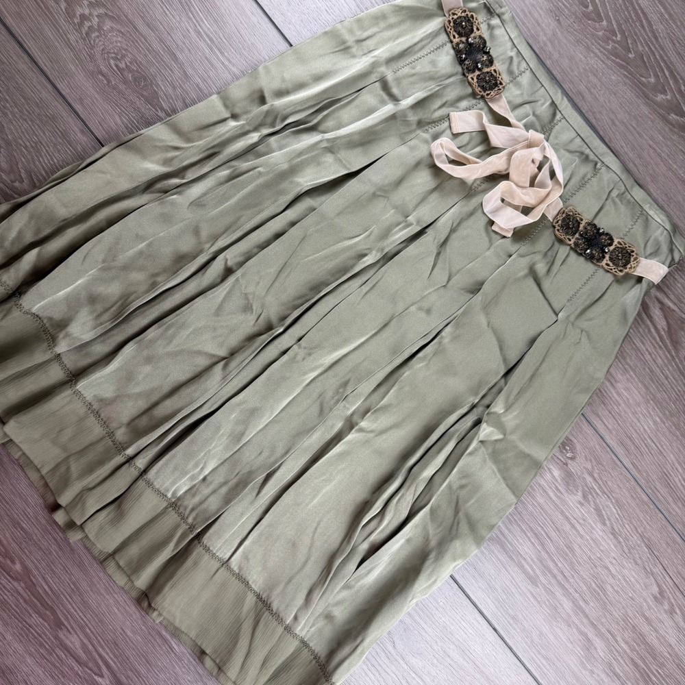 Elie Tahari Women Skirt Irma Pleated Silk Embellished Green 12